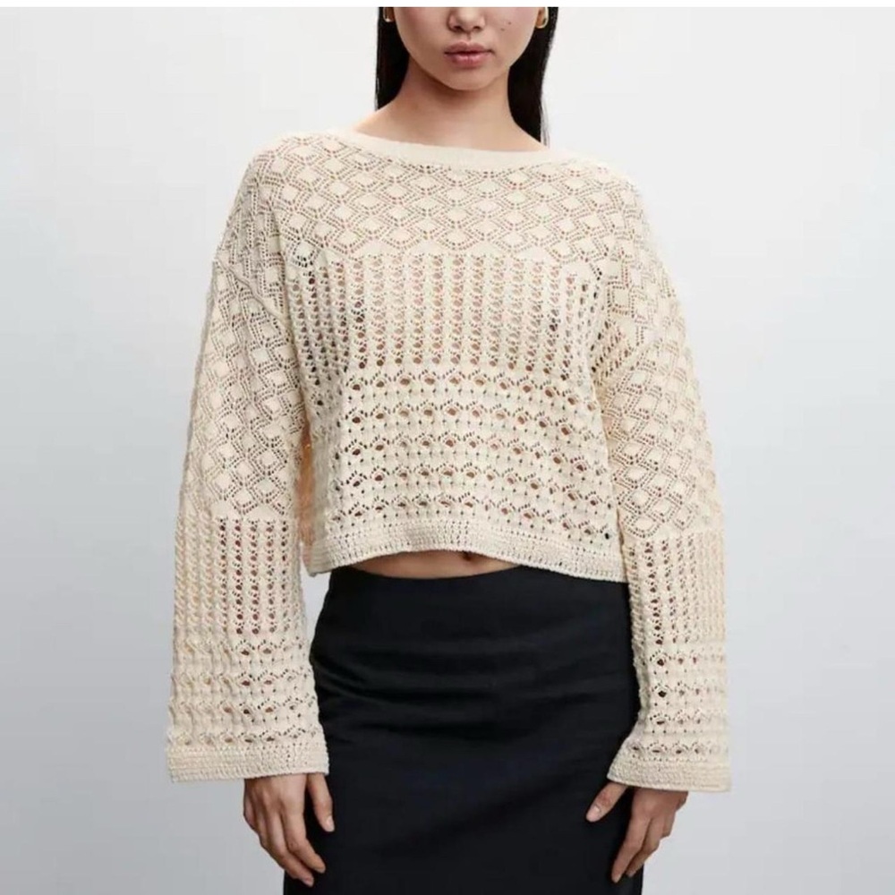 Mango Cream Crew Neck Sweater with Bell Sleeves